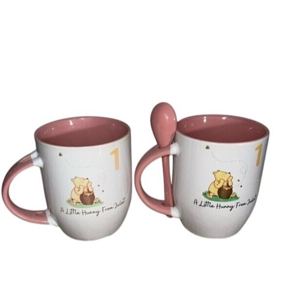 Winnie The Pooh Mug Set With Spoon - Pink & White Ceramic Cups For Kids - Picture 1 of 6